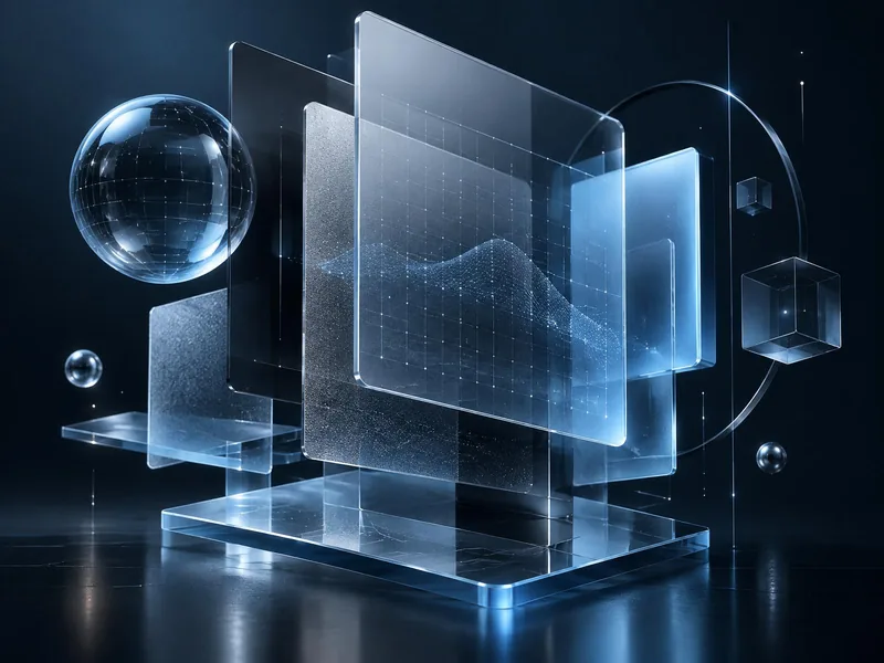 Layered blue glass interfaces and a connected globe, representing design and technology working together